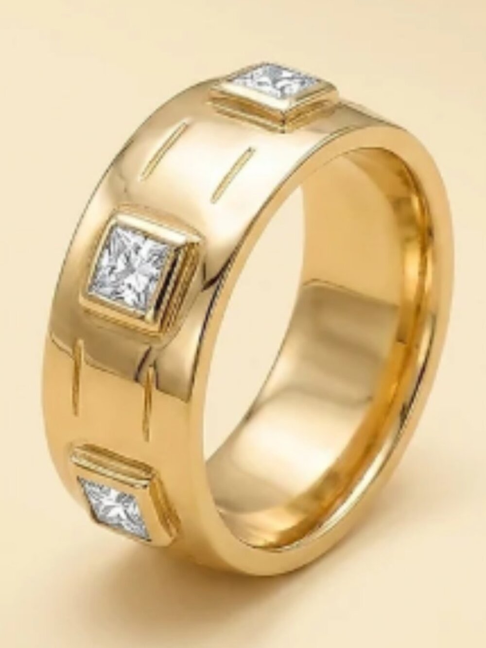 14K Men's Princess Cut Diamond Solid Gold Wedding Band
